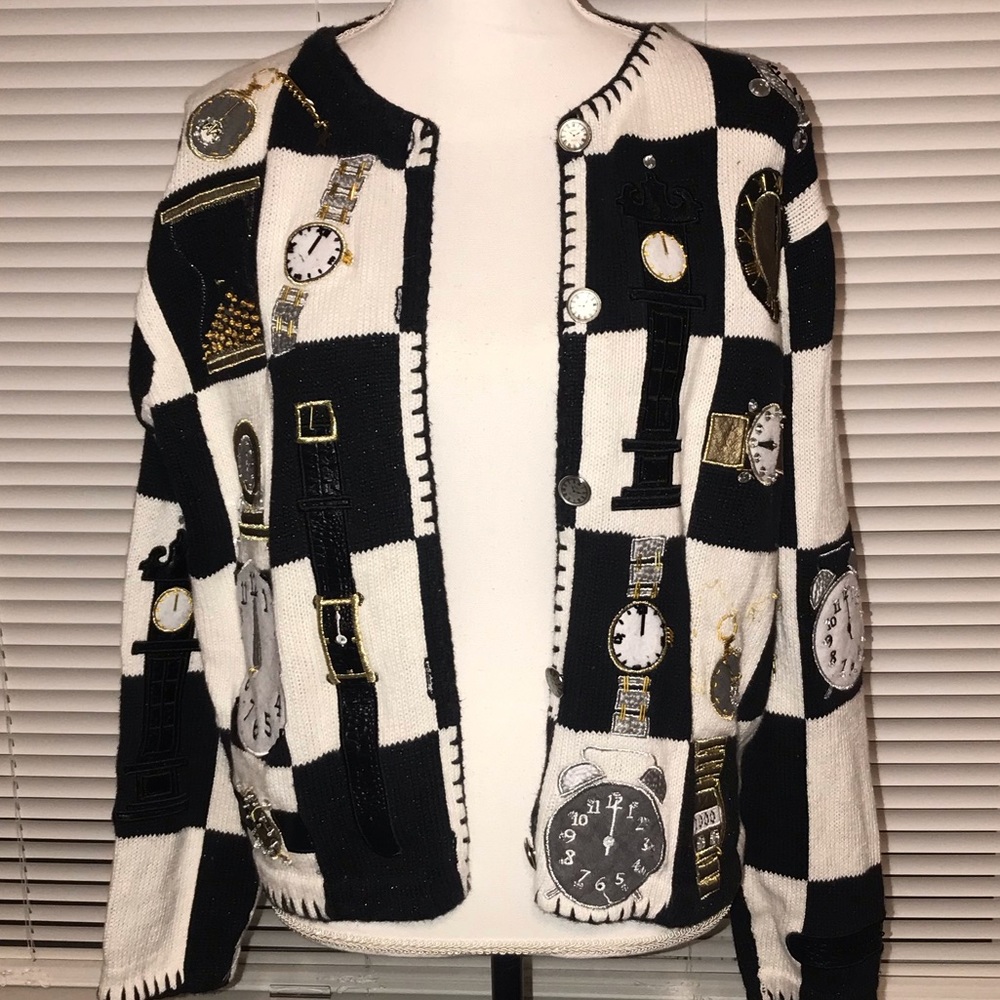 Vintage Clock Novelty Cardigan Sweater Sz Large